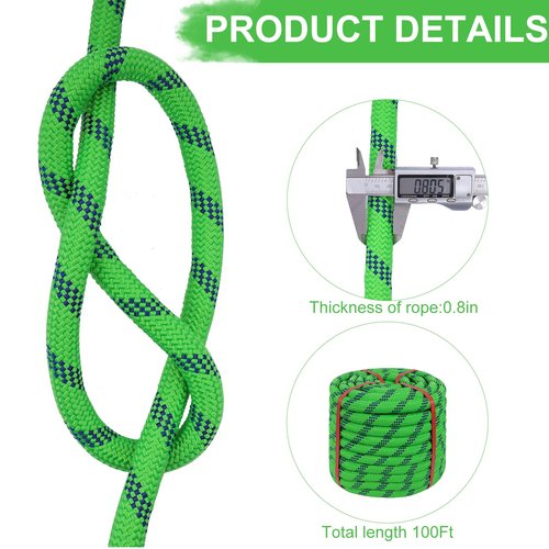 Arborist Rope 3/4 inch x 100ft Climbing Rope 48 Strands Green Polyester Rope for Hiking Camping Swing Rappelling Rescue
