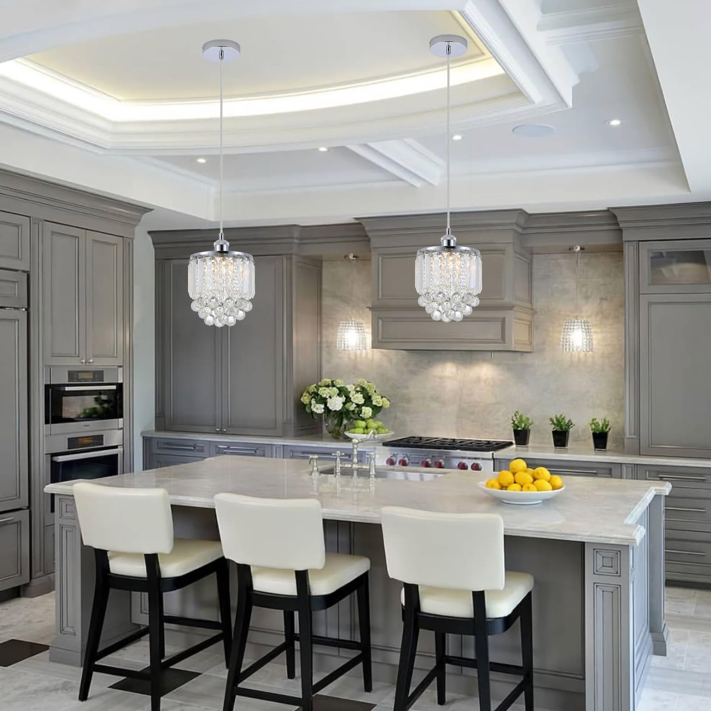 Sheenkarion 2 Pack Decorative Crystal Pendant Light,Chrome Crystal Chandelier Pendant Lights for Kitchen Island Dining Room Living Room Bar Lighting Fixtures,Cord Adjustable Hanging Pendant Lamp