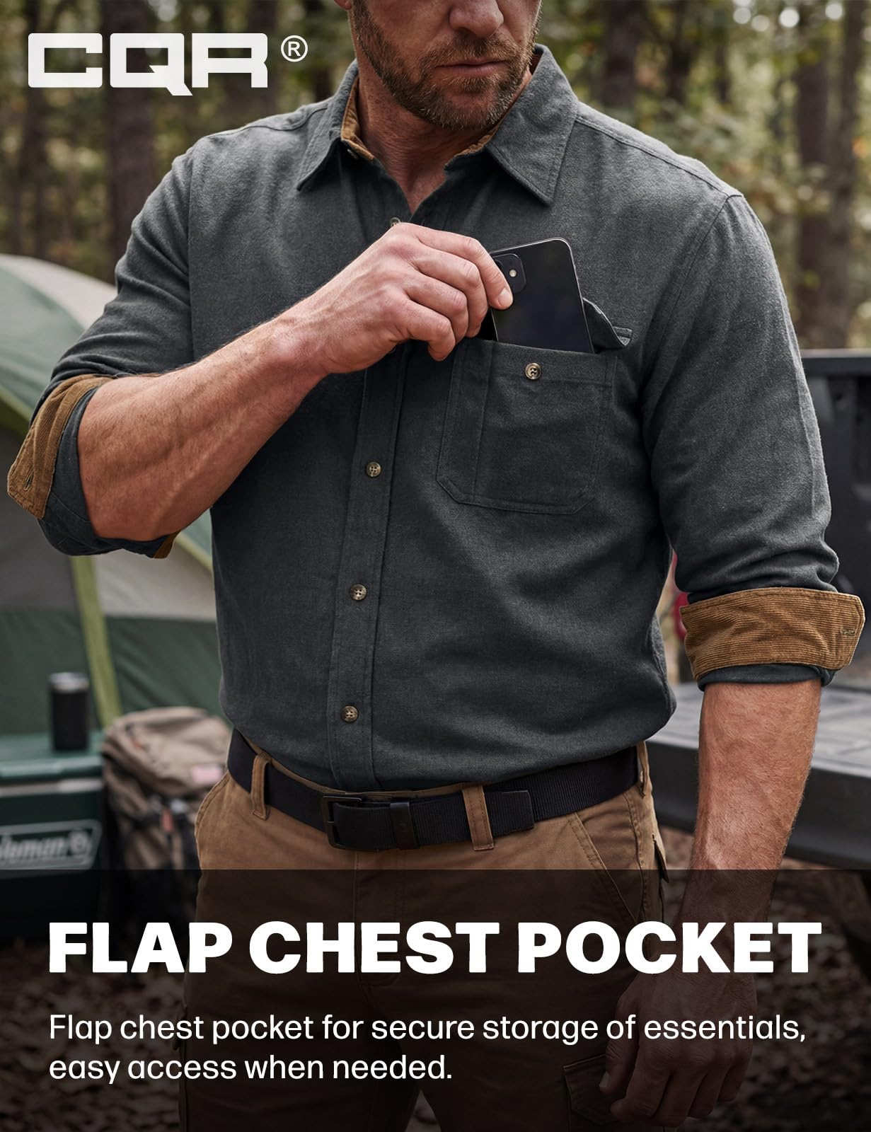 CQR Men's 100% All Cotton Button Down Flannel Shirts, Long Sleeve Brushed Warm Soft Casual Outdoor Plaid Shirt, Corduroy Grey, Small