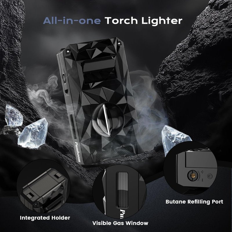 5-in-1 Windproof Lighter with Punch, Draw Enhancer, Holder, Triple Jet Flames and Tool, Butane Torch Lighter, Versatile Accessories for Travel, Candle, Lighter Gifts for Men (Without Butane)