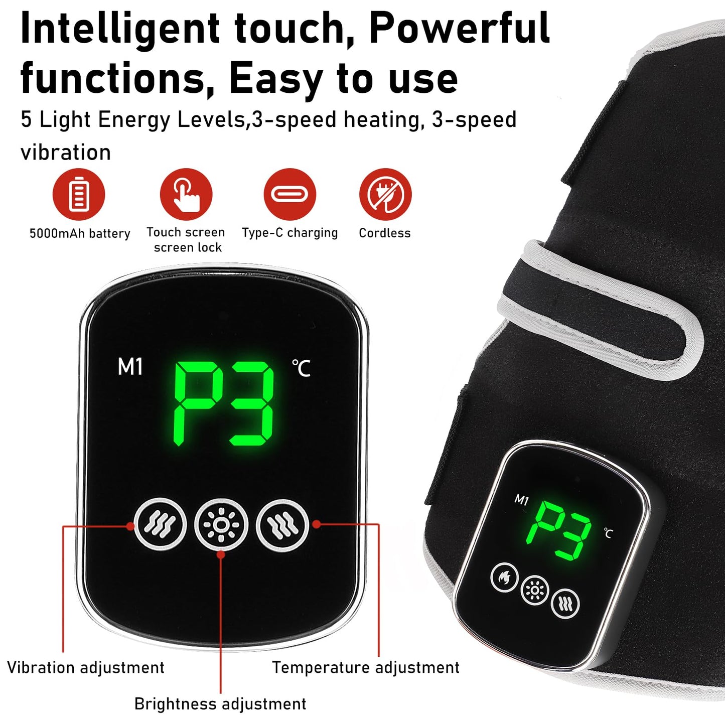 Longzhuo Knee Massager with Heat and Red Light Therapy Device, Cordless Heated Knee Brace with 5 Heat Levels & 3 Vibration Knee Heating Pad Wrap for Seniors, Men & Women