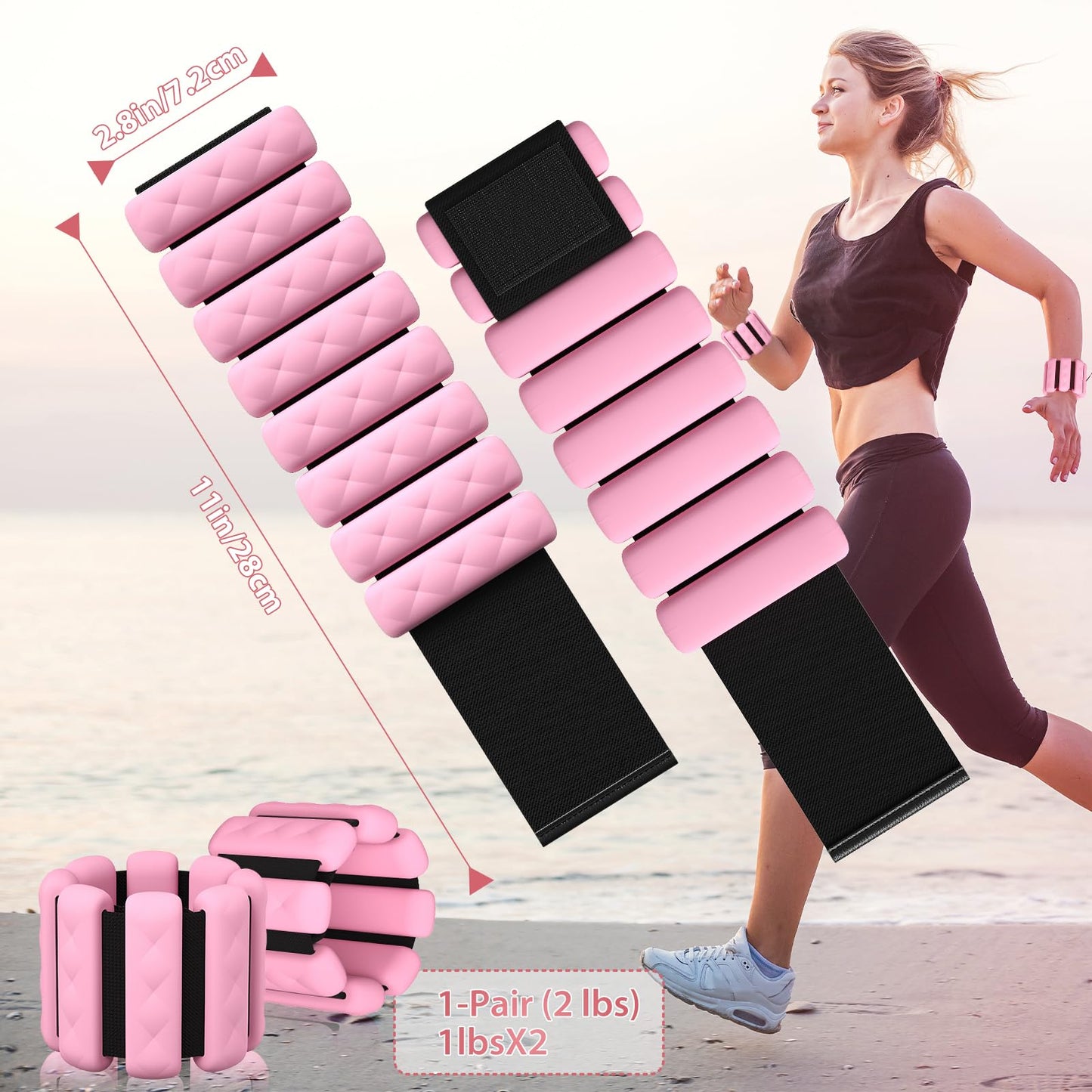 Wrist and Ankle Weights for Women&Men - Adjustable Pilates Weighted Bangles, 2 lbs Weighted Arm Bands Foot Leg Weights for Walking, Yoga, Training, Exercise, Running, Set of 2 (1LB Each) (Pink)