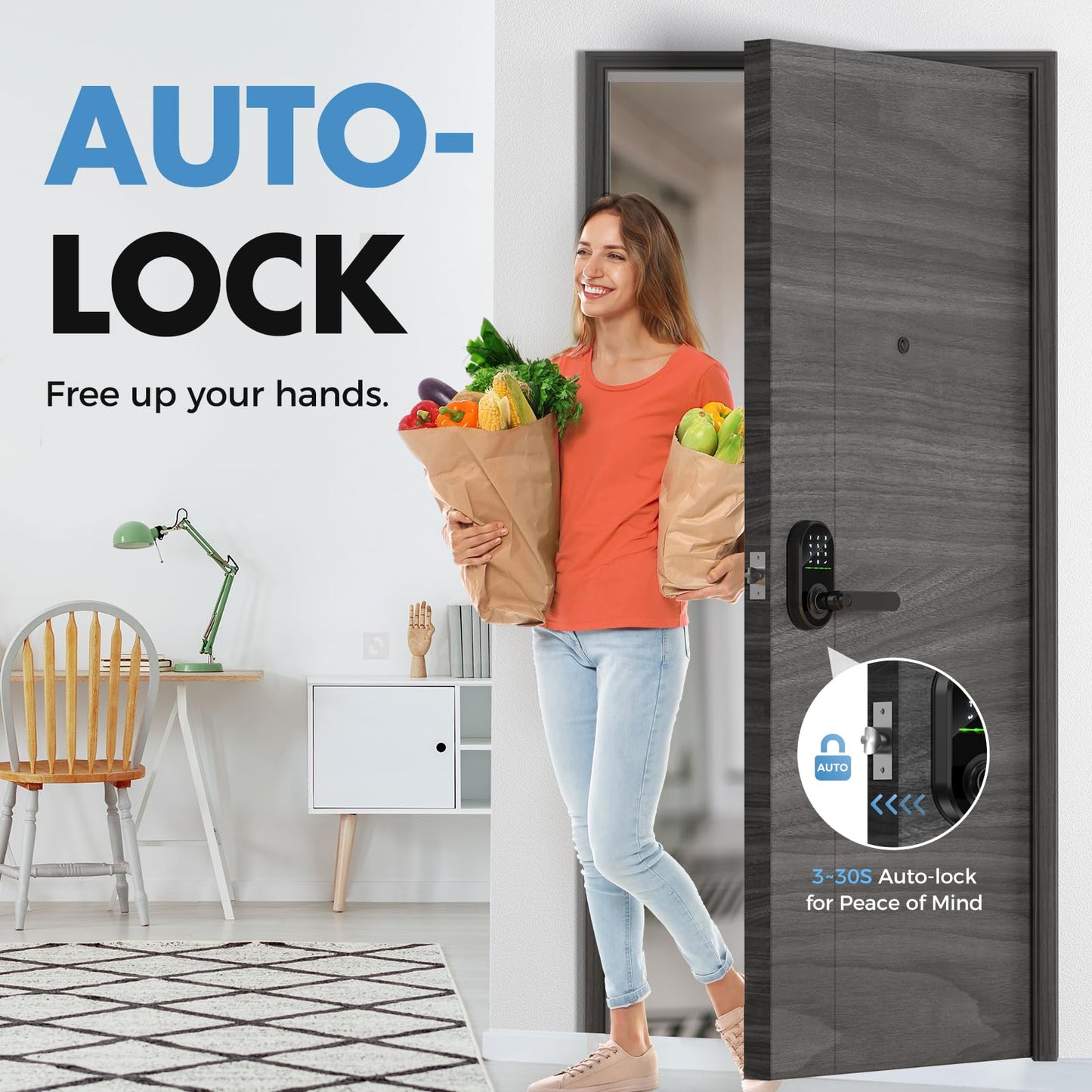 HEI LIANG Smart Door Handle with Biometric Fingerprint,Keypad Keyless Entry Door Lock for Front Door,5-in-1 Electronic Door Lock with App Control,Auto Lock,Reversible for Left/Right Hand,Deep Black