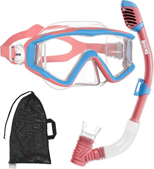 Aegend Snorkeling Gear - Panoramic Snorkel Mask with Top Dry Valve | Anti-Leak, Anti-Fog & Mesh Bag