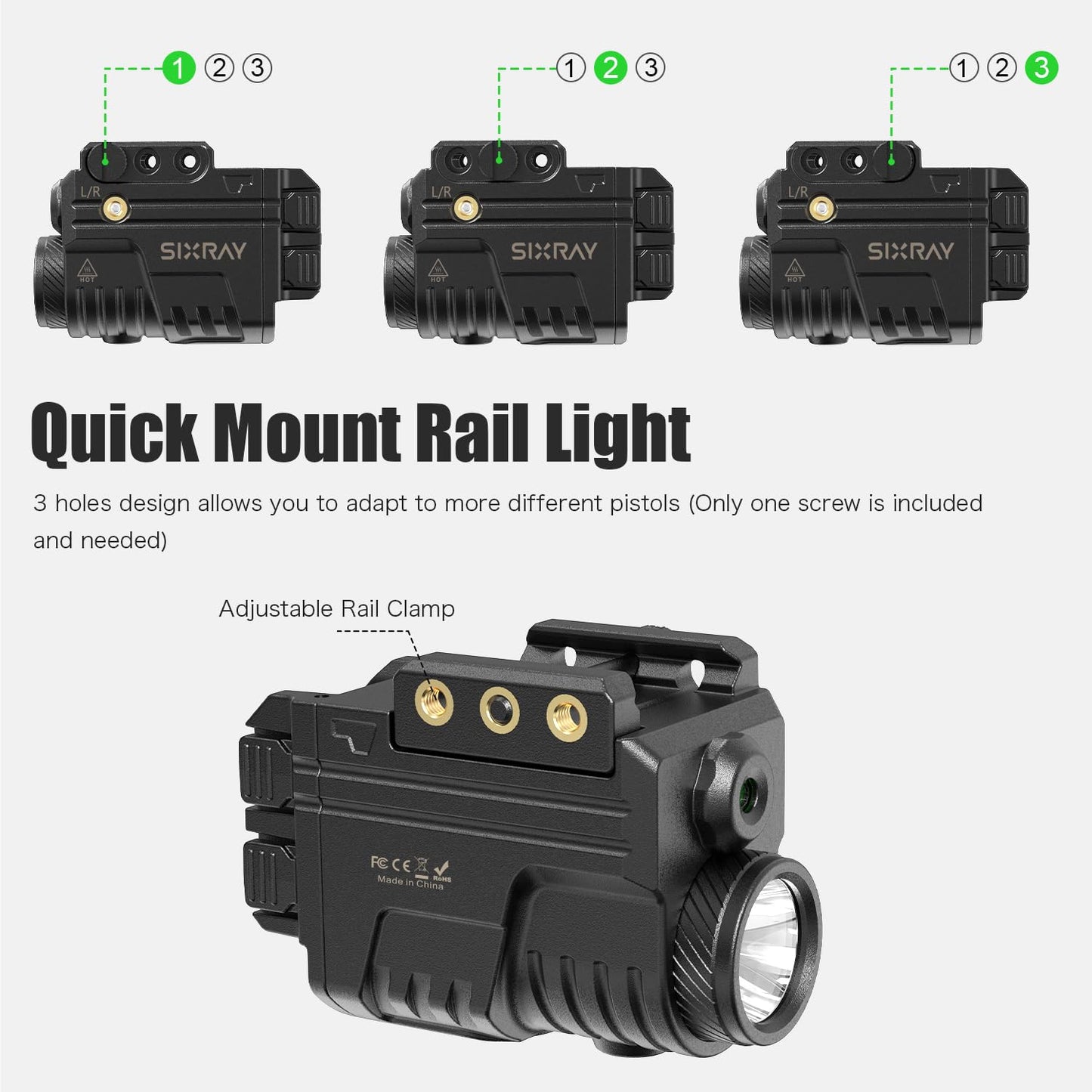 SIXRAY Green Beam and Flashlight for Pistol, Rechargeable Pistol Light Laser Combo Rail Mounted Green Beam Laser Class II