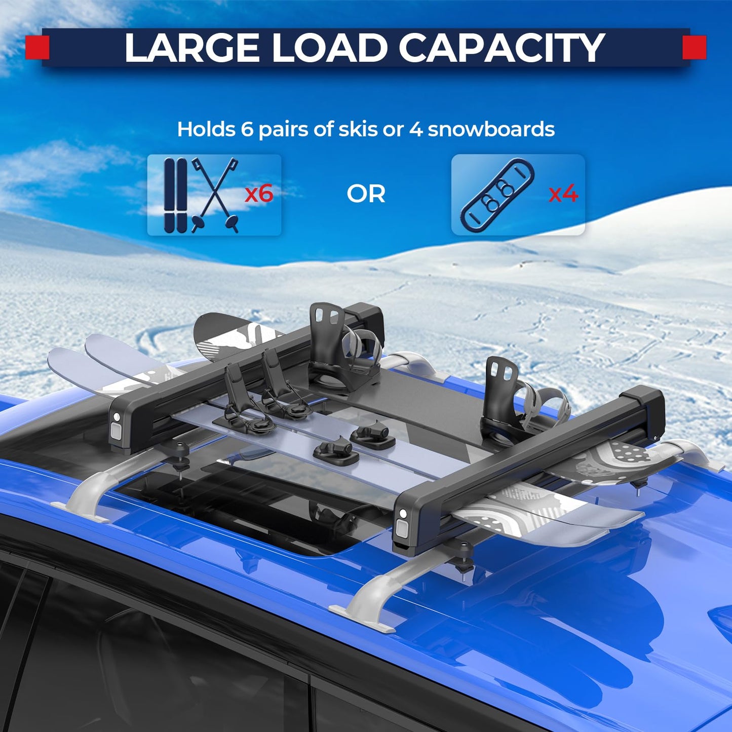MOSTPLUS Lockable Ski Racks Snowboard Racks CrossBars Rack with Metal Lock and Rubber Padding,Fits 6 Pairs Skis or 4 Snowboards,Universal Fit for Vehicles,Aluminum 30"