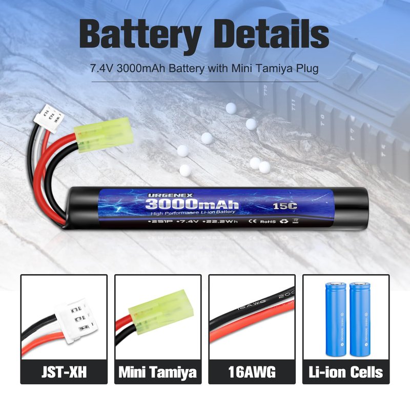URGENEX 3000mAh Airsoft Battery 7.4V Stick Battery with Dean-Style T Plug 2S Rechargeable Stick Shape RC Lithium-ion Fit for Most Airsoft Model Guns Rifles