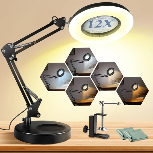 12X LED Magnifying Glass Lamp with Stand - 144 Brightest LEDs, 10 Dimmable Levels, 5 Color Modes for Hands-Free Crafting & Reading