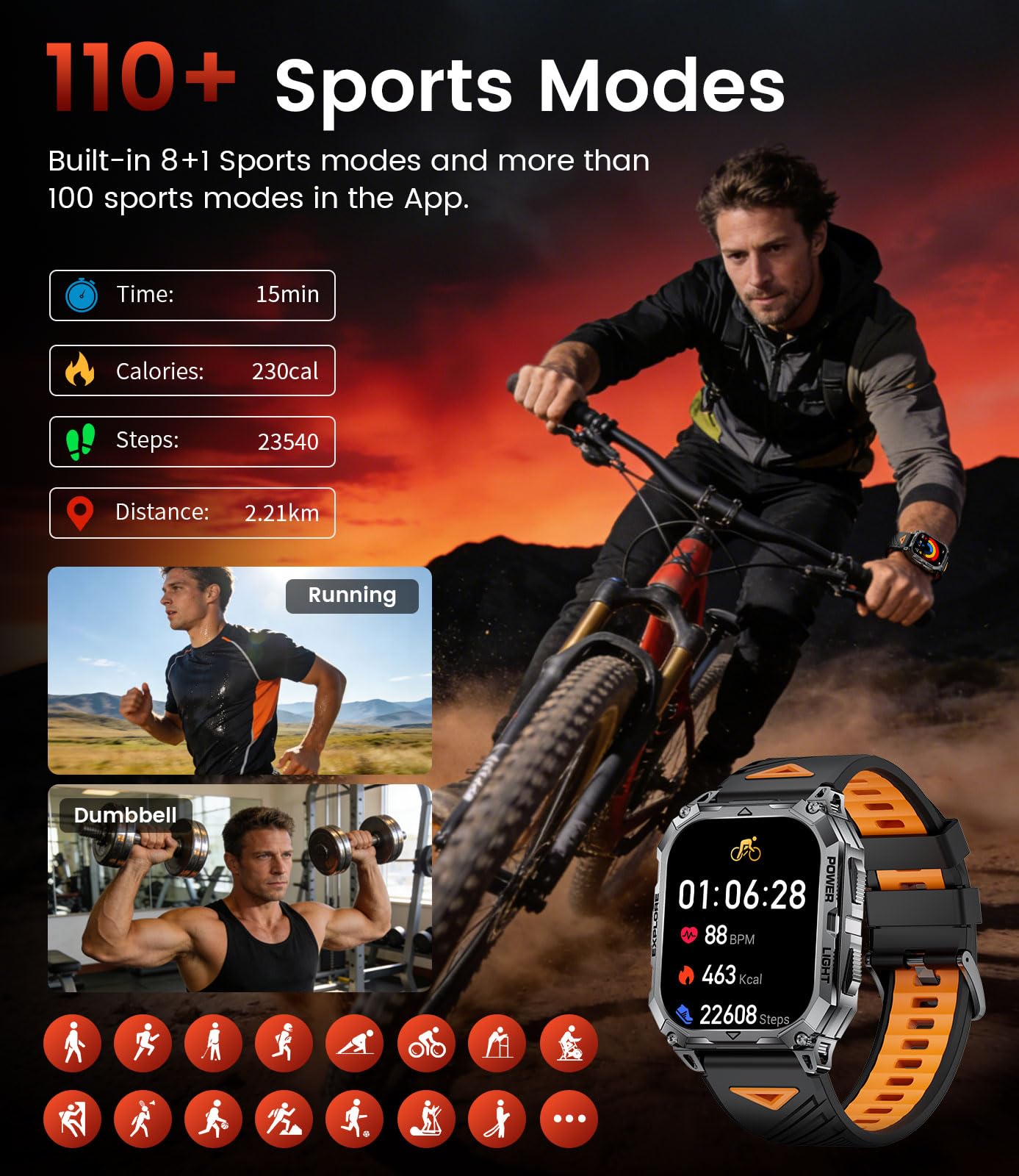 Smart Watches for Men(Answer/Dial Call), 2,01'' Super Large Military Smartwatch with 900mAh High-Capacity Battery/Led Flashlight/Heart Rate/Sleep Monitor, IP68 Waterproof Fitness Watch for Android iOS