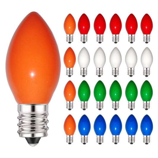 C7 Christmas Replacement Light Bulbs, 25 Pack Ceramic Multicolor Christmas Light Bulbs 5 Watt Light Bulb for Indoor Outdoor String Lights Wedding Roof Xmas Decor- E12 Candelabra Base