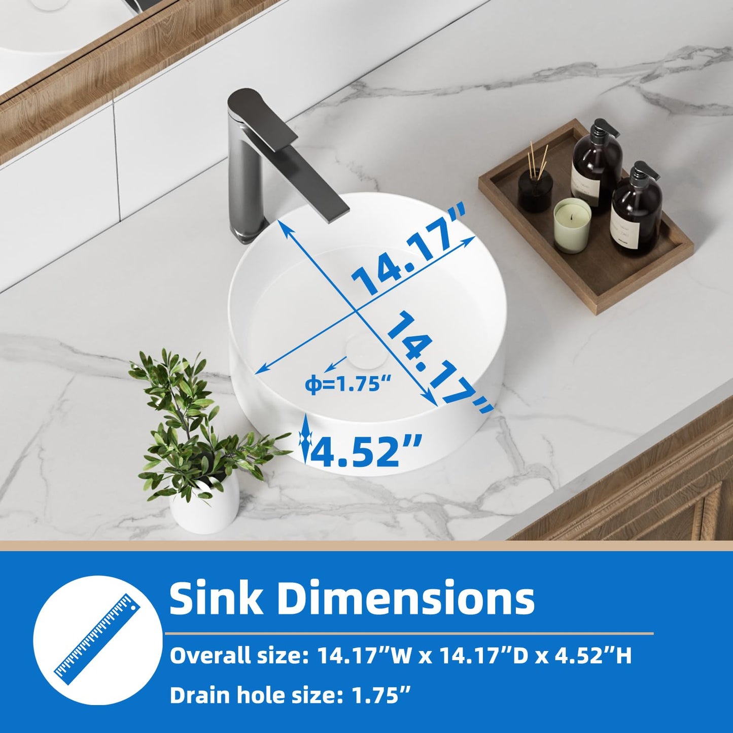 KINGWONG 14 Inch Small Vessel Sink for Bathroom - Round Countertop Modern Above Counter White Ceramic Porcelain Vanity Sink Basin for Cabinet 14 x 14