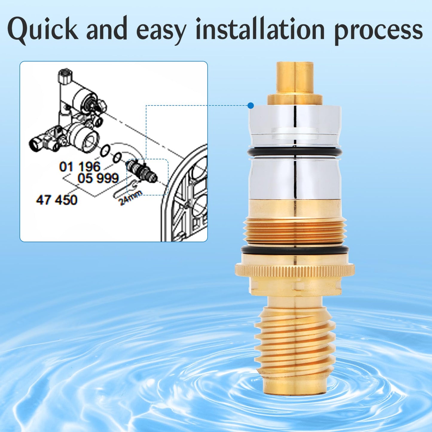 GR-47450000 for Grohe 1/2' Thermostatic Cartridge, for grohe 47450 cartridge, 47450 Compatible with Grohtherm 1000, 2000, Auto 2000 Systems, Precision Temperature Control, Brass