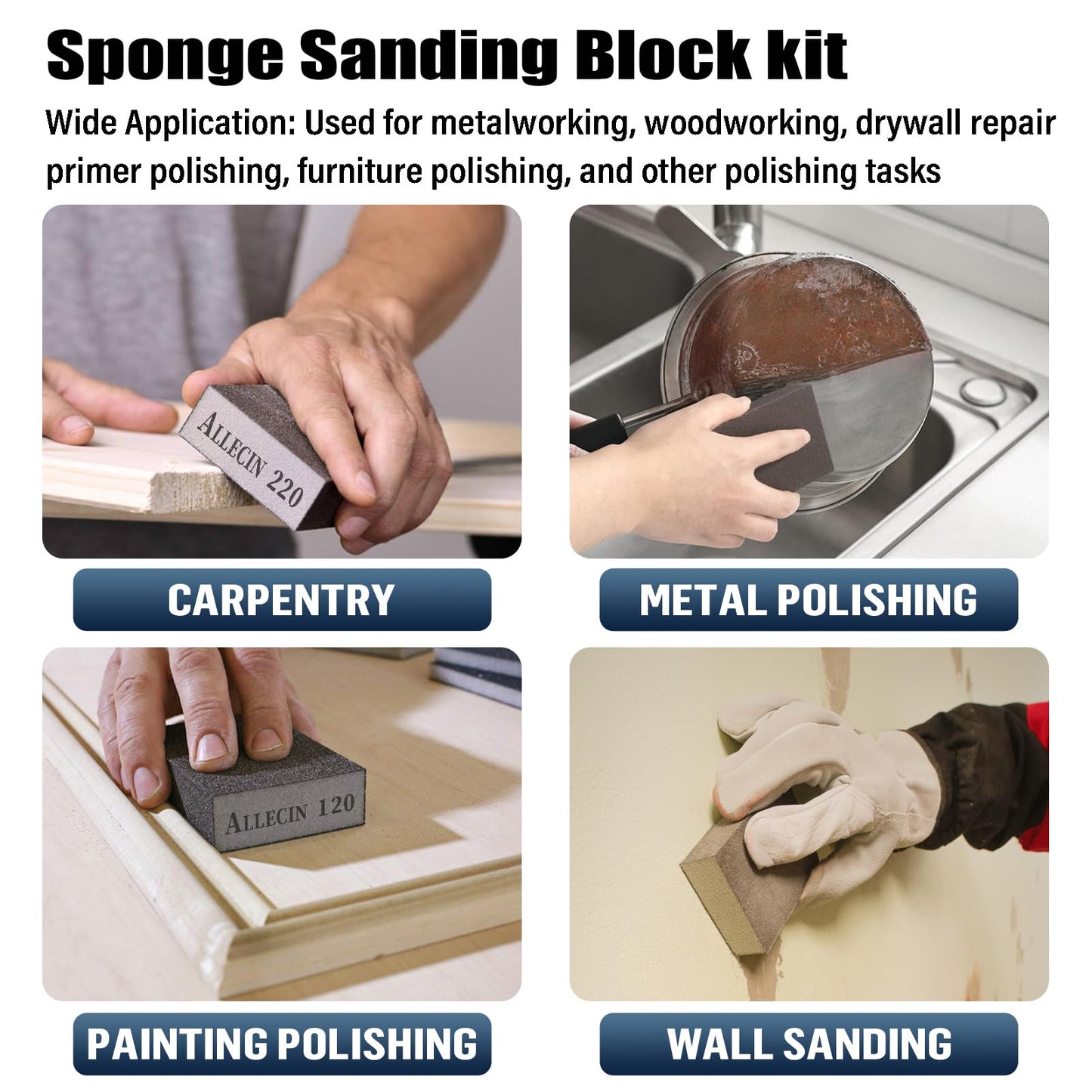 ALLECIN Sanding Sponge 60 80 100 120 150 180 220 Grit Reusable and Washable Wet Dry Sand Block Coarse Medium Fine Sandpaper Blocks for Wood Drywall Metal Crafts (Pack of 7 Pcs)