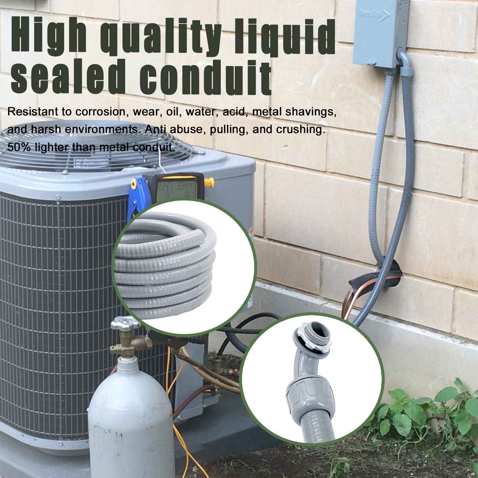 Feotech 1 Inch 5 FT Non Metallic Liquid-Tight Conduit and Connector Kit - Includes 1 Straight and 1 Angle Fittings for Electrical Wiring