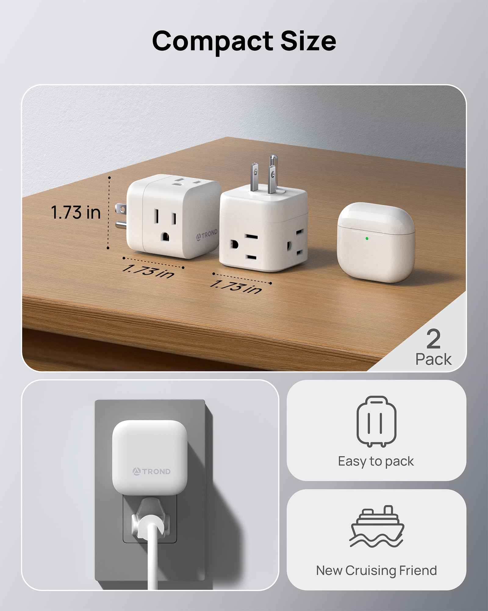 TROND Multi Plug Wall Outlet 2 Pack, 3 Way Outlet Adapter with 360 Rotating Plug, Cruise Ship Essentials, Small Wall Extender for Bathroom, Kitchen, Home, Office, Dorm