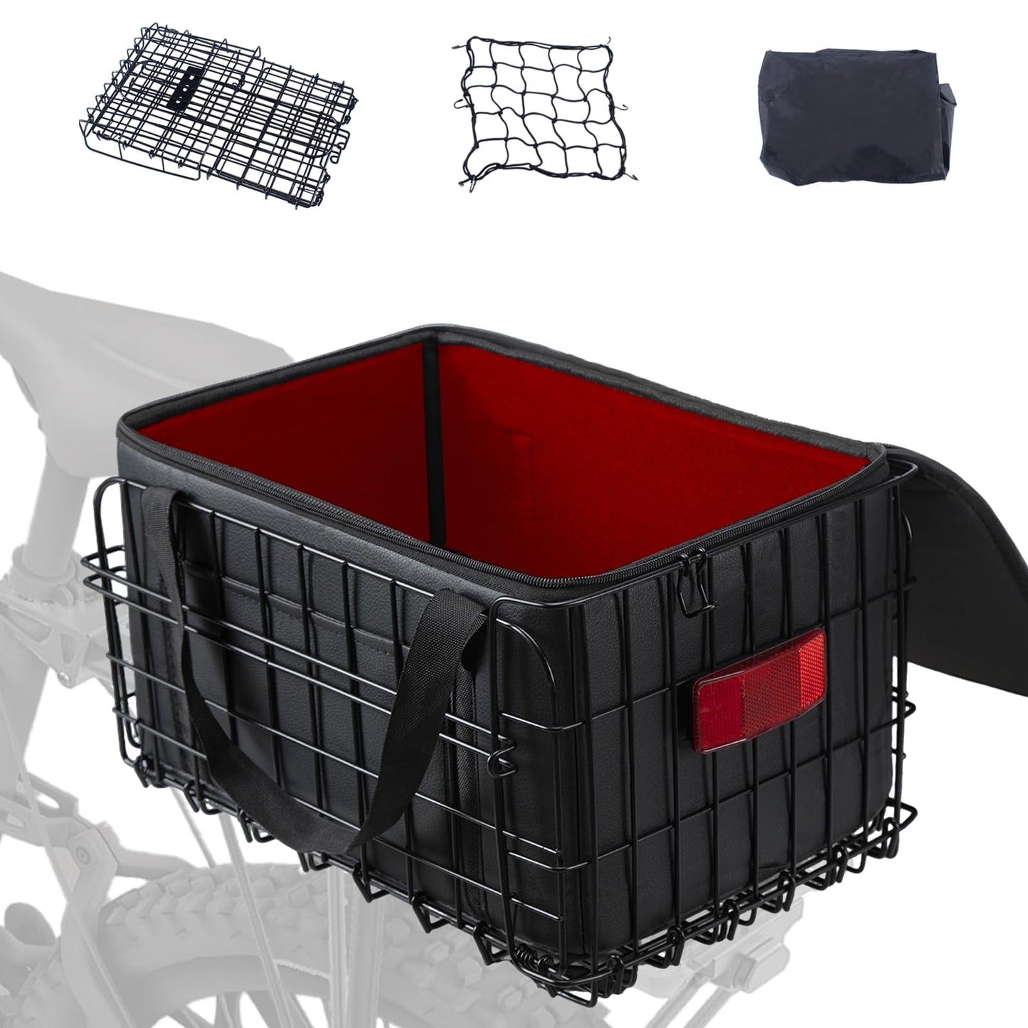 Foldable Bike Basket Rear with Bag Cargo Net Cover Bicycle Baskets for Adult Bikes Spring System for Carrying Grocery Small Dog Cat