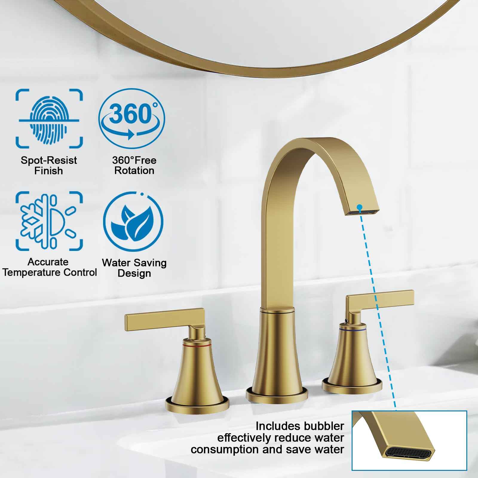 HURRAN 8 Inch Bathroom Sink Faucet, 3 Hole Widespread Bathroom Faucets with Pop Up Drain, Bar Faucet with Cache Aerator, Brushed Gold