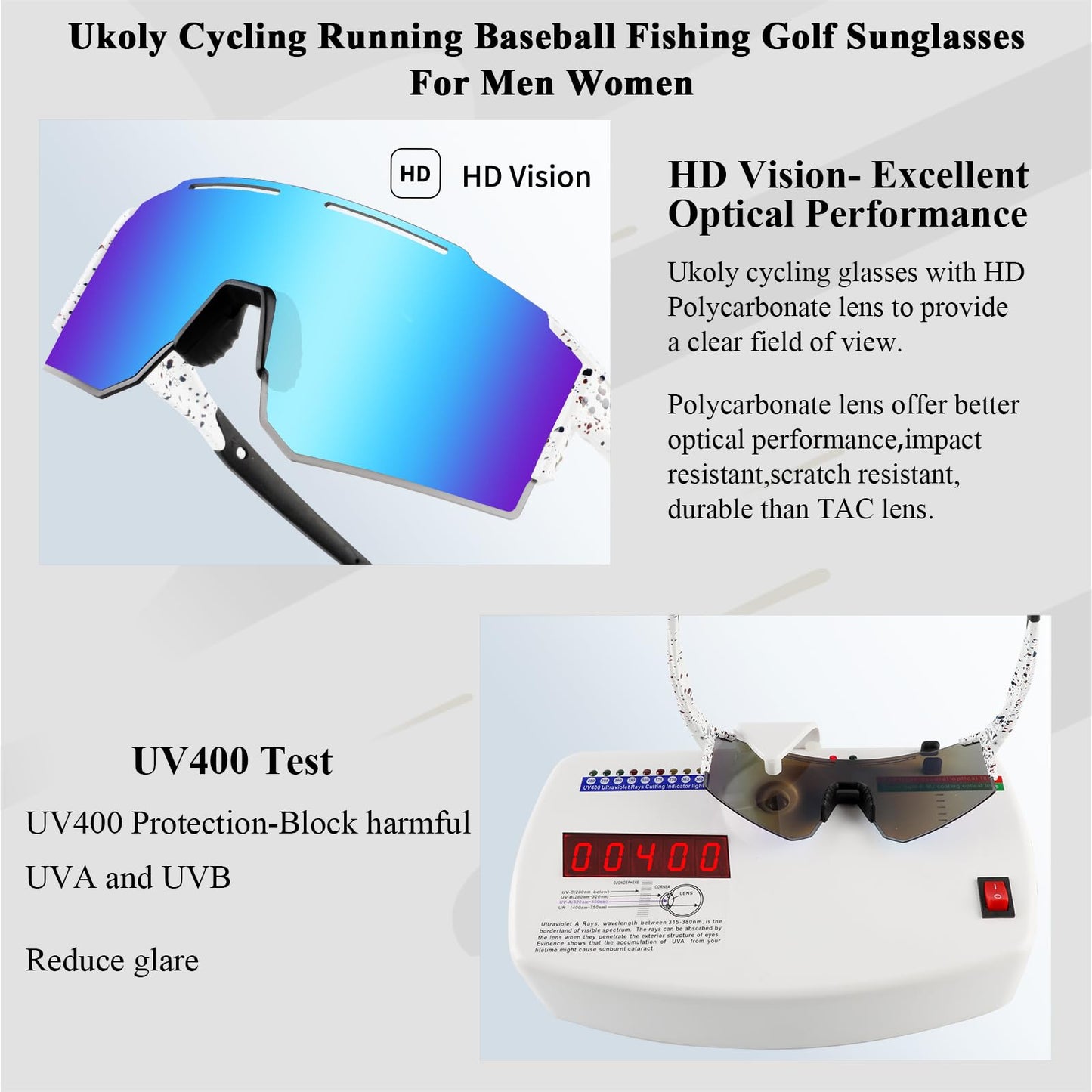 Ukoly Sport Sunglasses for Men and Women,HD PC Lens UV400 Protection