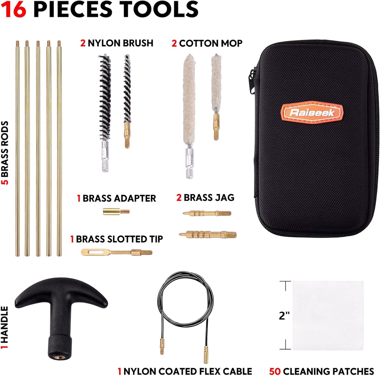 Raiseek Airgun Cleaning Kit - .177 & .22 Caliber | Cotton Mop, Brass Rod, Nylon Brushes, Compact Case