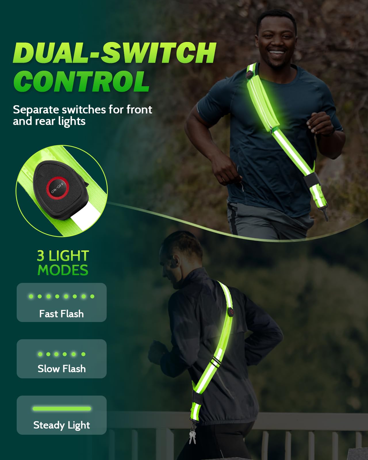 Fitense LED Reflective Belt Sash with Phone Holder, High Visibility Reflective Running Gear Rechargeable Light Up Safety Lights for Walkers for Runners Men Women