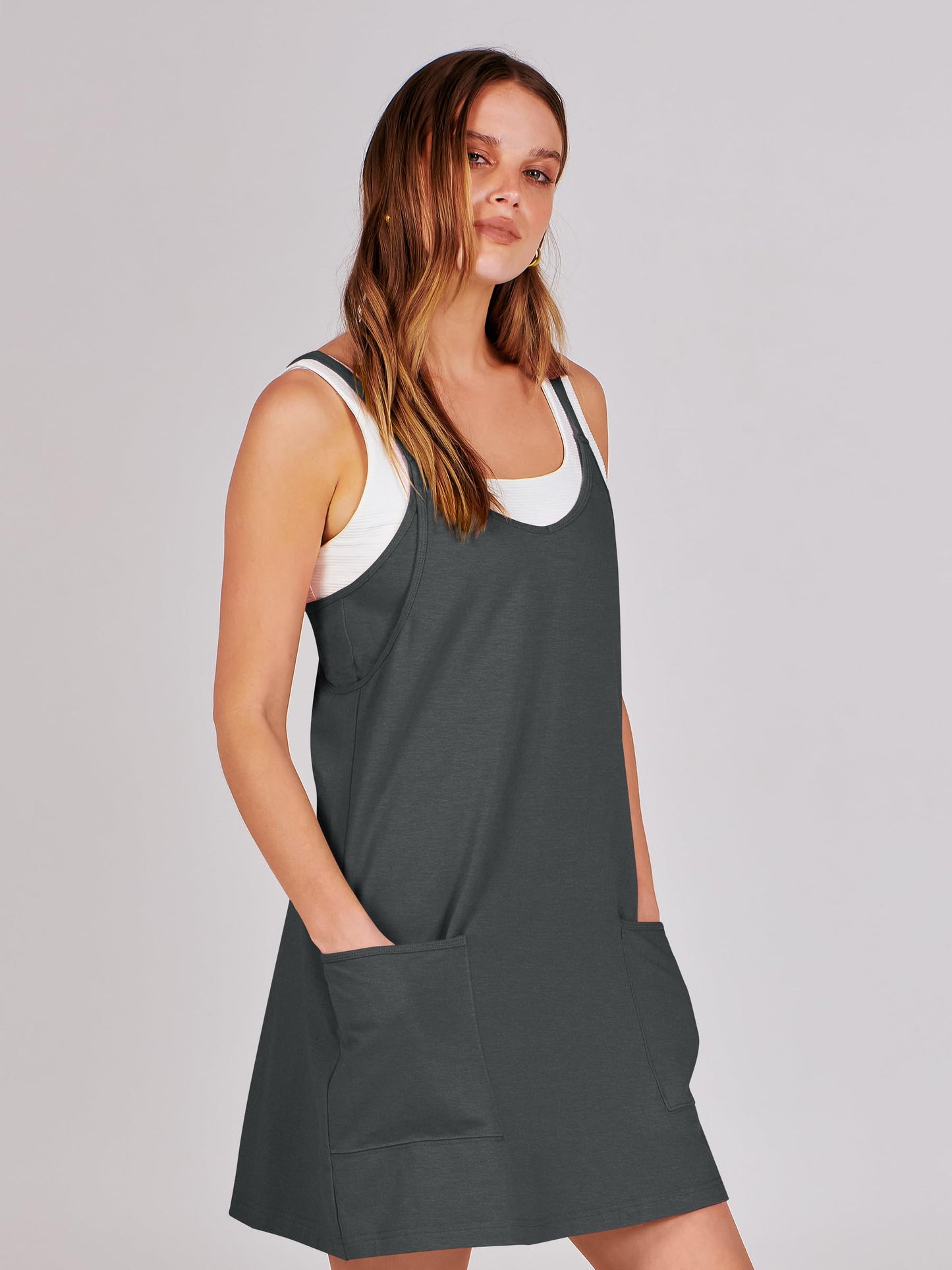 ANRABESS Women Athletic Dress Summer Tennis Workout Active Sports Mini Romper Dress Built in Shorts Travel Vacation Clothes Deep Gray XX-Large