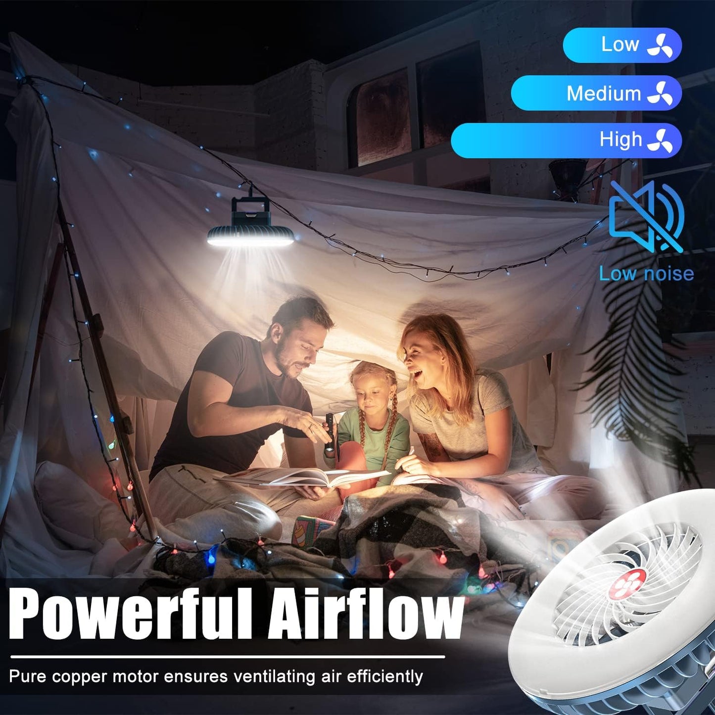 XTAUTO Portable Camping Fan - USB Rechargeable LED Lantern | Waterproof Tent Fan for Outdoor Use - 2-Pack