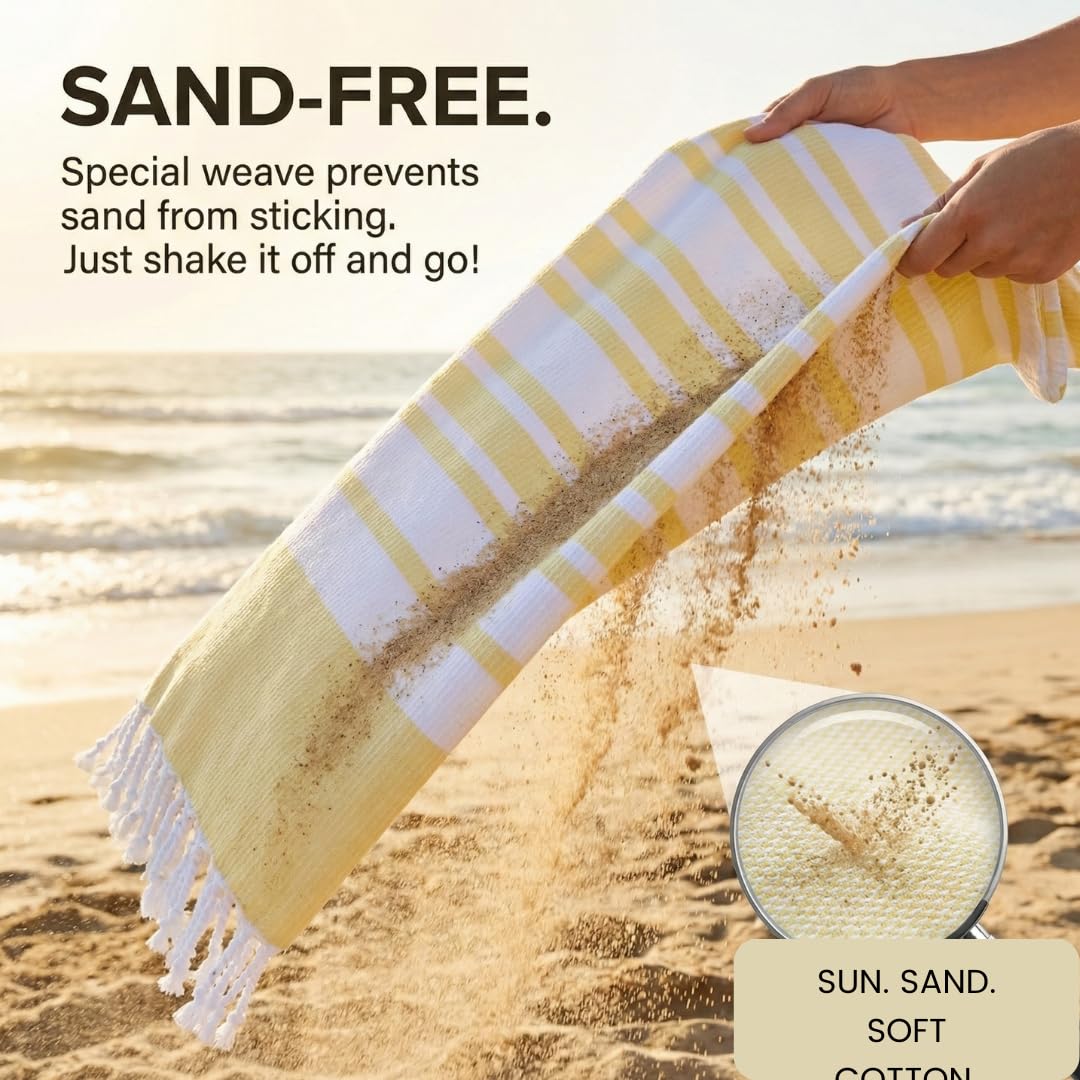 DineNest Turkish Beach Towels Set of 4 - Oversized Cotton Beach Towels 40X70 inch - Sand Free Quick Dry Beach Blanket for Adults - Extra Large Towels for Beach Bath Pool Yoga Travel - Yellow