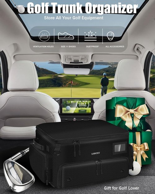 LOINTET Golf Trunk Organizer, Waterproof Car Golf Locker with Separate Ventilated Compartment for 2 Pair Shoes, Golf Storage for Balls, Tees, Cap, Clothes, Gloves, Accessories, Gifts for Men, Women