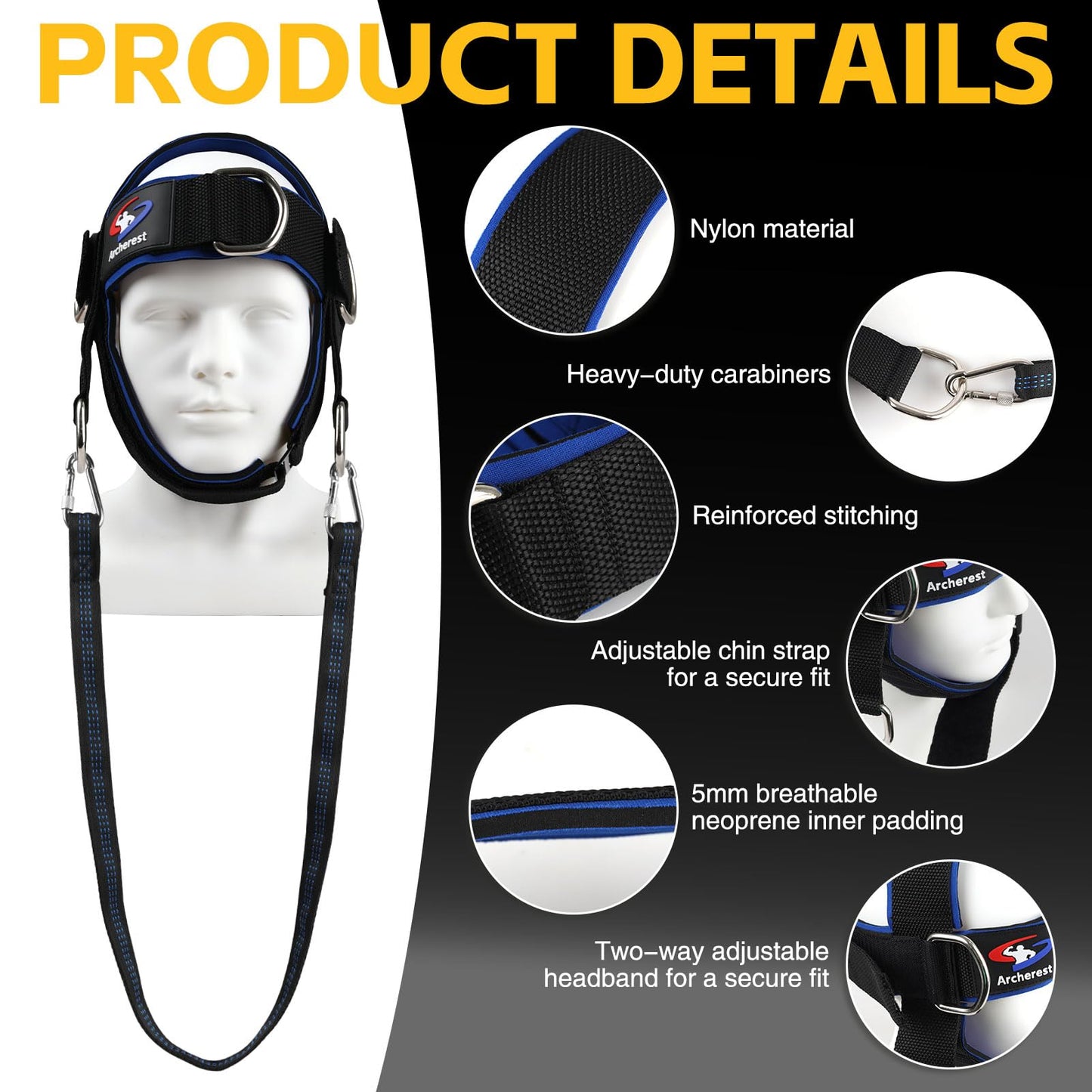 Fitness Neck Head Harness Trainer, Adjustable Chin Strap and Head Harness Strength with Nylon Tether, Neoprene Neck Exerciser for Weight Lifting, Home and Gym Use, Black