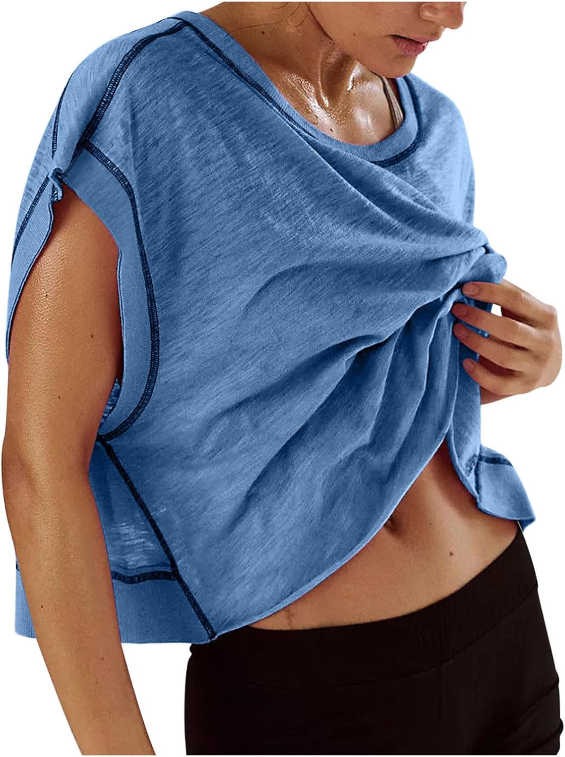 Skiennix Open Back Tops for Women - Backless Short Sleeve Workout Shirts | Slouchy Crop Gym Tees