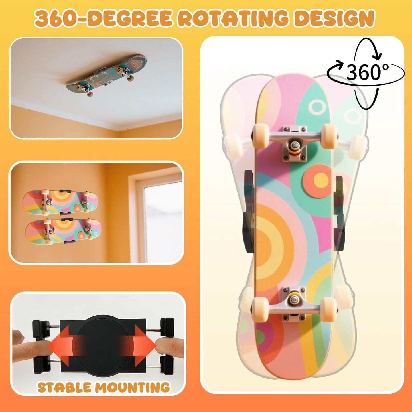 KOUISYY Skateboard Decks Wall Mount, 360° Rotating Skate Deck Wall Mount, Extending & Floating Skateboard Display Holder, Strong Load Bearing Storage Rack Hanger Accessories for Most Skateboarders