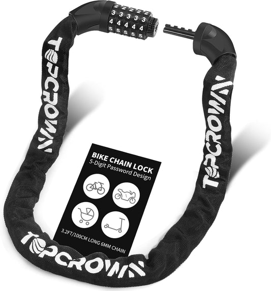 Topcrown Bike Chain Lock - 3.2Ft Heavy-Duty Anti-Theft Security | 5-Digit Keyless Combination Lock (Black)