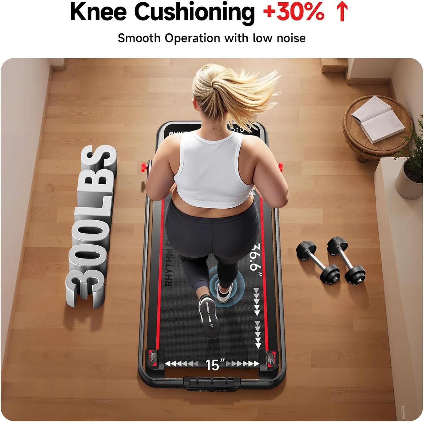 RHYTHM FUN Treadmill - Portable Folding Walking Pad with Incline & Handle Bar | Supports 300lbs, Low Noise