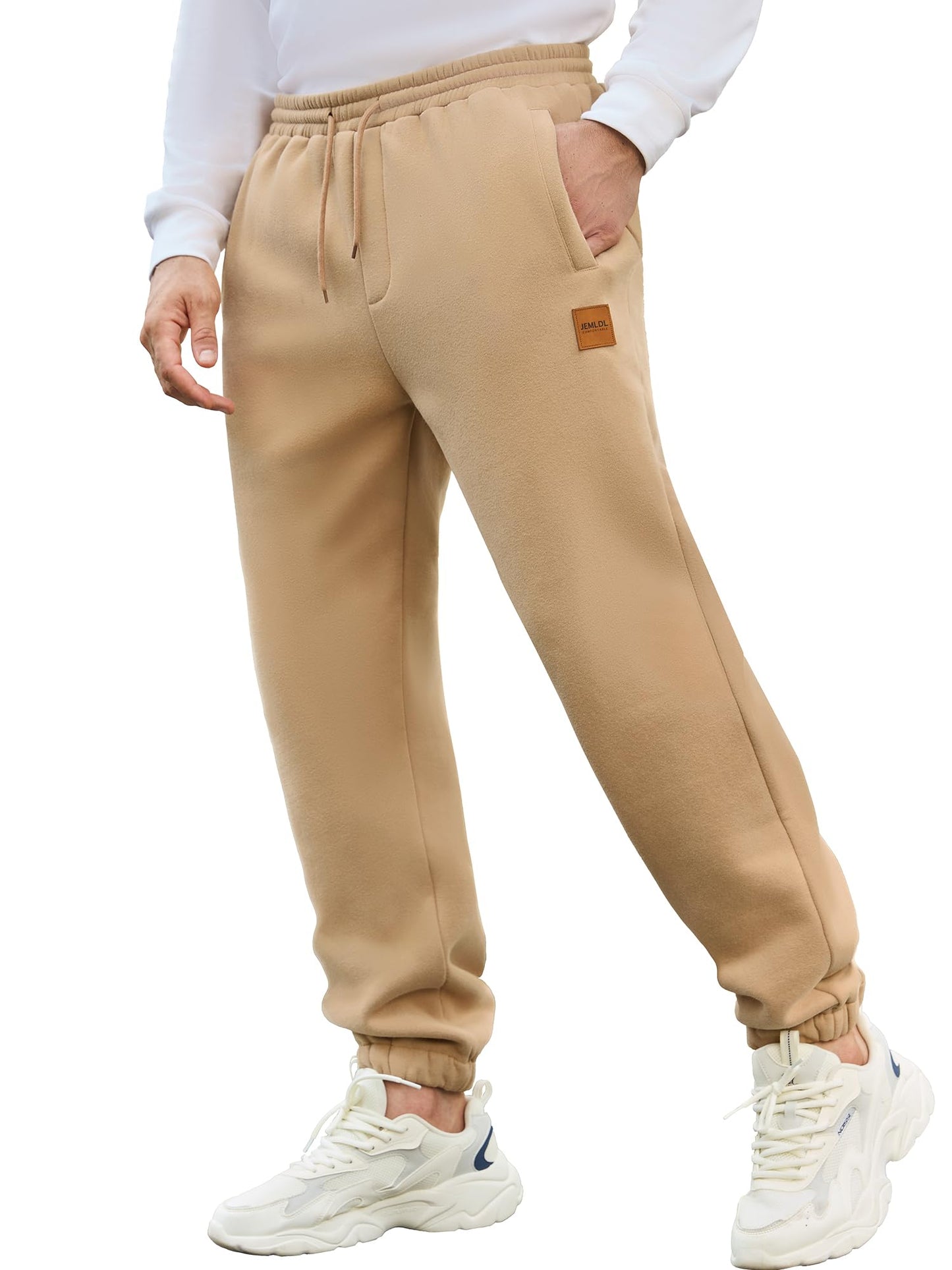 JEMLDL Mens Fleece Sweatpants Loose Fit Tapered Joggers with Drawstring Waist and Pockets Warm Casual Track Pants Khaki Large
