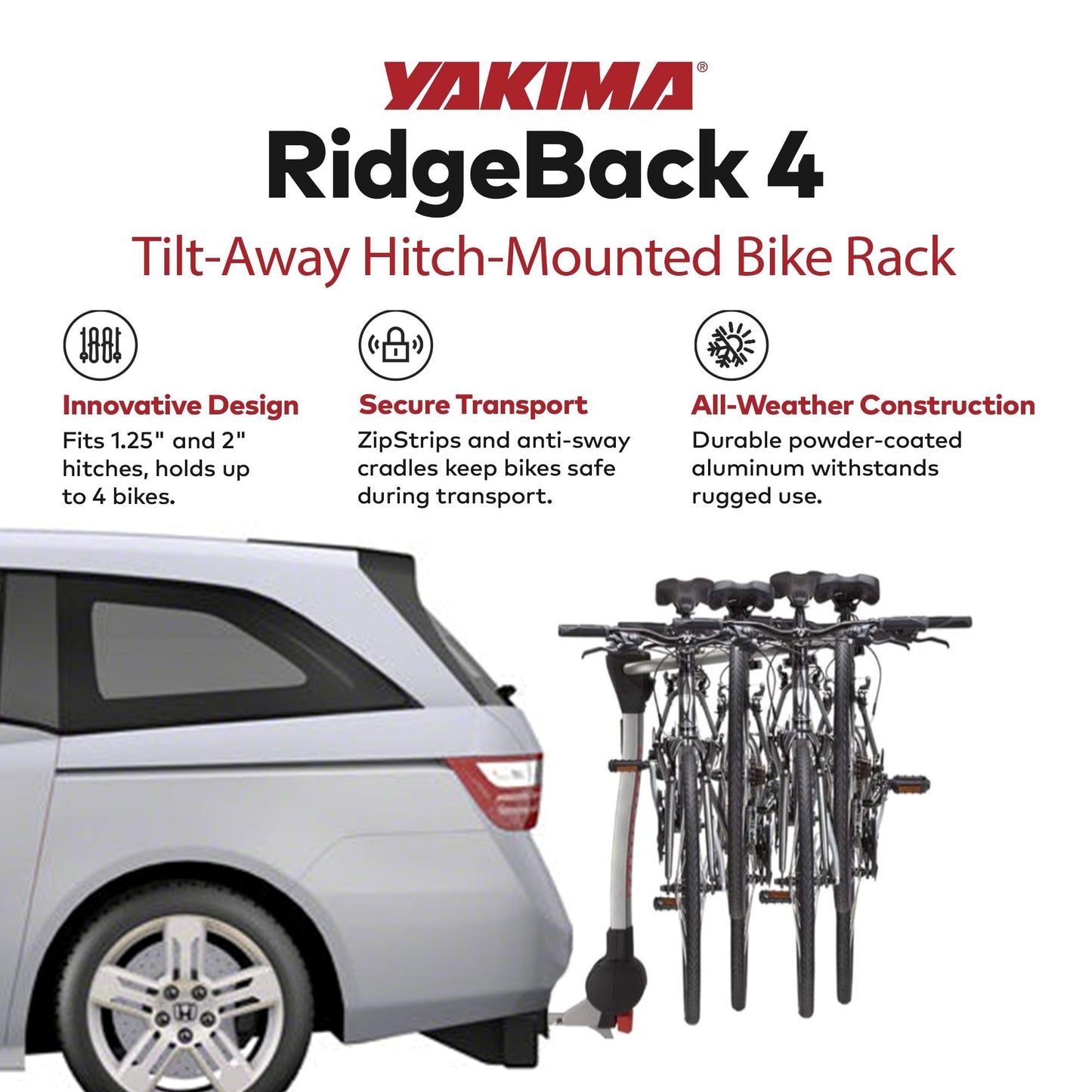 Yakima Ridgeback Tilt-Away Hitch Mount Bike Rack, Foldable Design for Storage - Folding Rear-Mounted Bicycle Carrier for Car, SUV, or Truck Receiver with Anti-Sway & Lock System