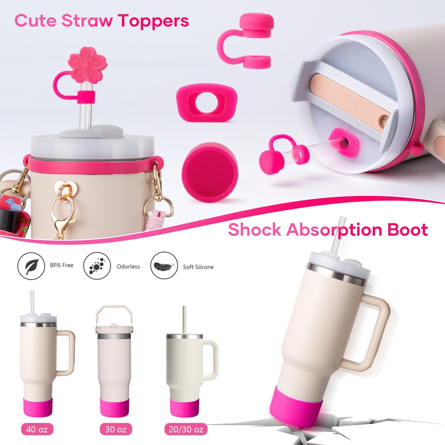 Bufilea Stanley Cup AccessoriesI Bottle Handle Carrier Strap,Silicone Cup Boot, Lipstick Holder, Straw Topper & Spill Stoppers, Cute Decorative Charms, Accessories for Stanley Cup 40oz/30oz Decor