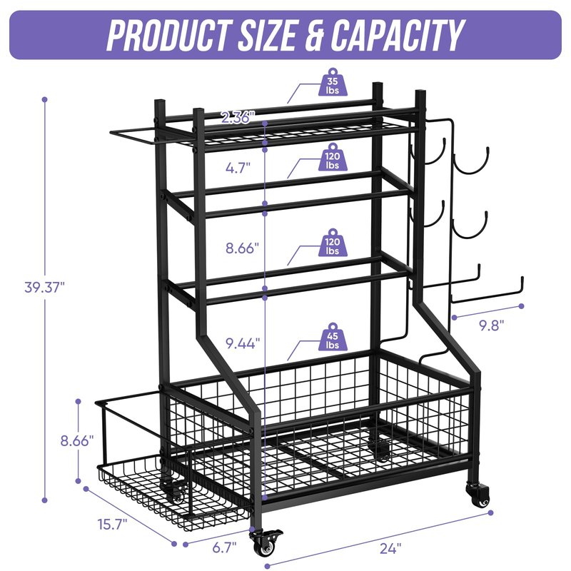 WUC Dumbbell Rack, Adjustable Weight Rack for Home Gym Storage, All-in-One Workout Storage Racks with Wheels and Hooks for Dumbbells, Kettlebells, Yoga Mats & Balls, Durable Powder Coated Steel, Black