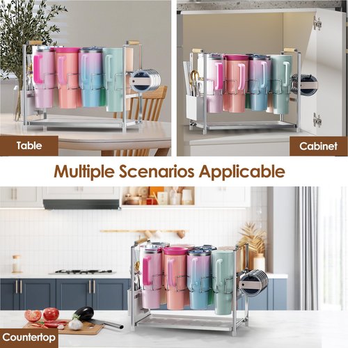 Housolution Water Bottle Organizer Drying Rack for 40 oz Tumbler with Handle, Multifunctional Cup Storage Holder Compatible with Stanley, Owala, Simple Modern and Other Brands, Silver(Patented)