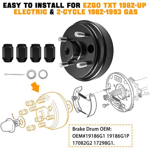 EZGO Brake Drum Hub Assembly with Nuts for EZGO TXT PDS 1982-up Electric & 1982-1993 2-Cycle Gas Golf Carts 24 Tooth Star Spline EZGO Rear Hub Enhanced Braking OEM 19186G1P, 17298-G1, 17082-G2