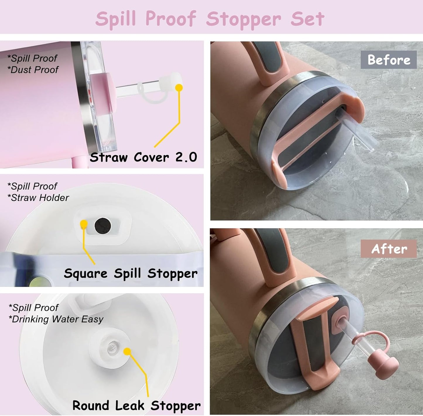 Stanley Cup Accessories Set - 2 Straw Covers, Silicone Stopper & Cute Charm | Fits 40 & 30 Oz Tumblers (Peony 2.0)