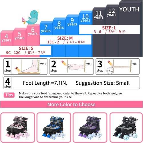 MammyGol Roller Skates for Kids Boys Girls, Adjustable Quad Skates with Light Up Wheels for Toddler Big Kids Ages 6-12 Size 3 4 5 6, Beginners Outdoor Sports, Pink