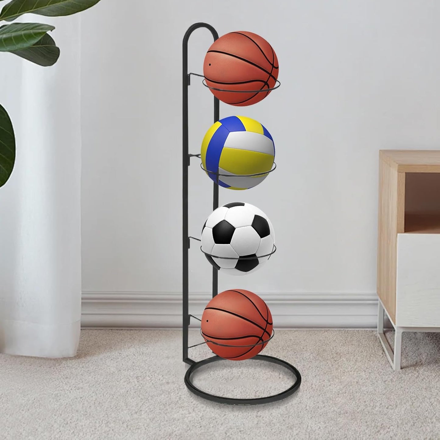 Skiennix 4-Tier Ball Storage Rack - Heavy-Duty Carbon Steel Holder for Basketball & Football | Nail-Free Design
