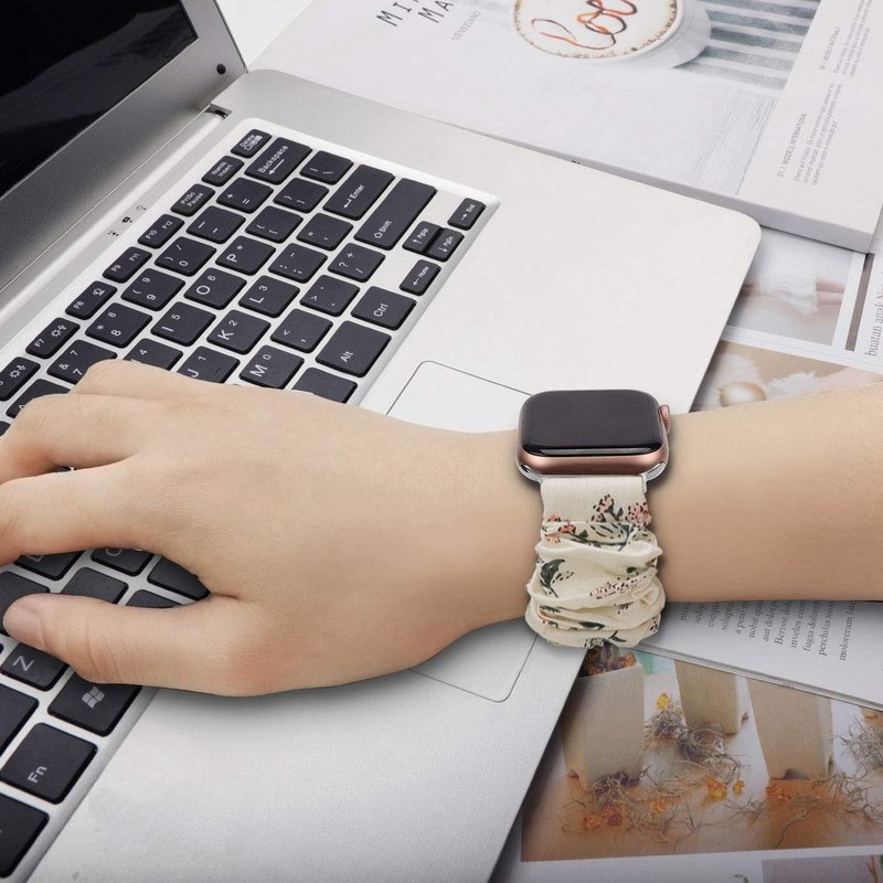 Scrunchie Bands for Fitbit Versa 4/Versa 3/Sense/Sense 2 Strap for Women,Replacement Watchband Soft Cloth Fabric Elastic Wristband (Black&Honeysuckle&Chrysanthemum&Grayflower, Small)