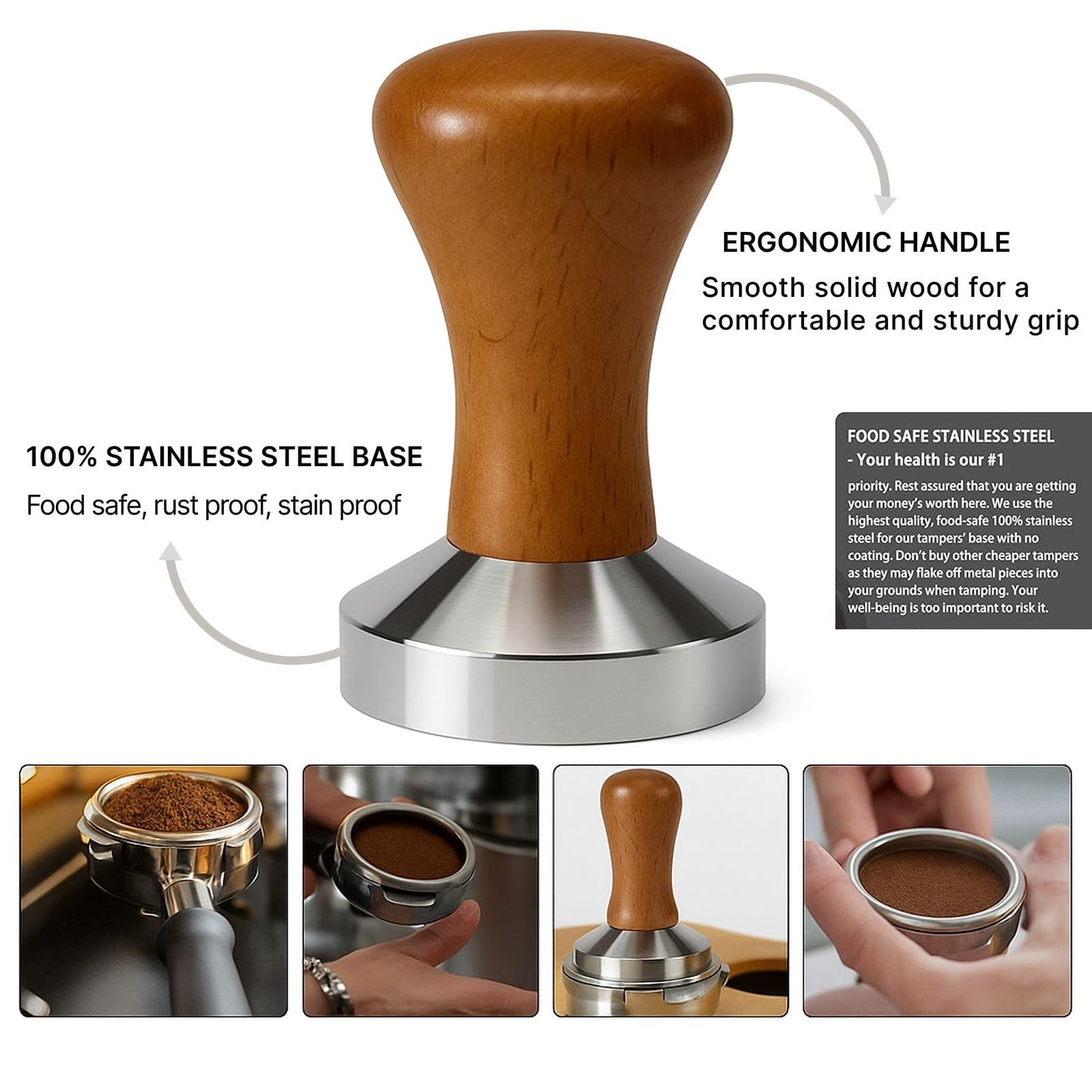 51mm Espresso Tamper - Premium Stainless Steel Base and Wooden Handle - Barista Coffee Tamper for Uniform Compression - Ideal Espresso Coffee Bar Accessories for Perfect Extraction