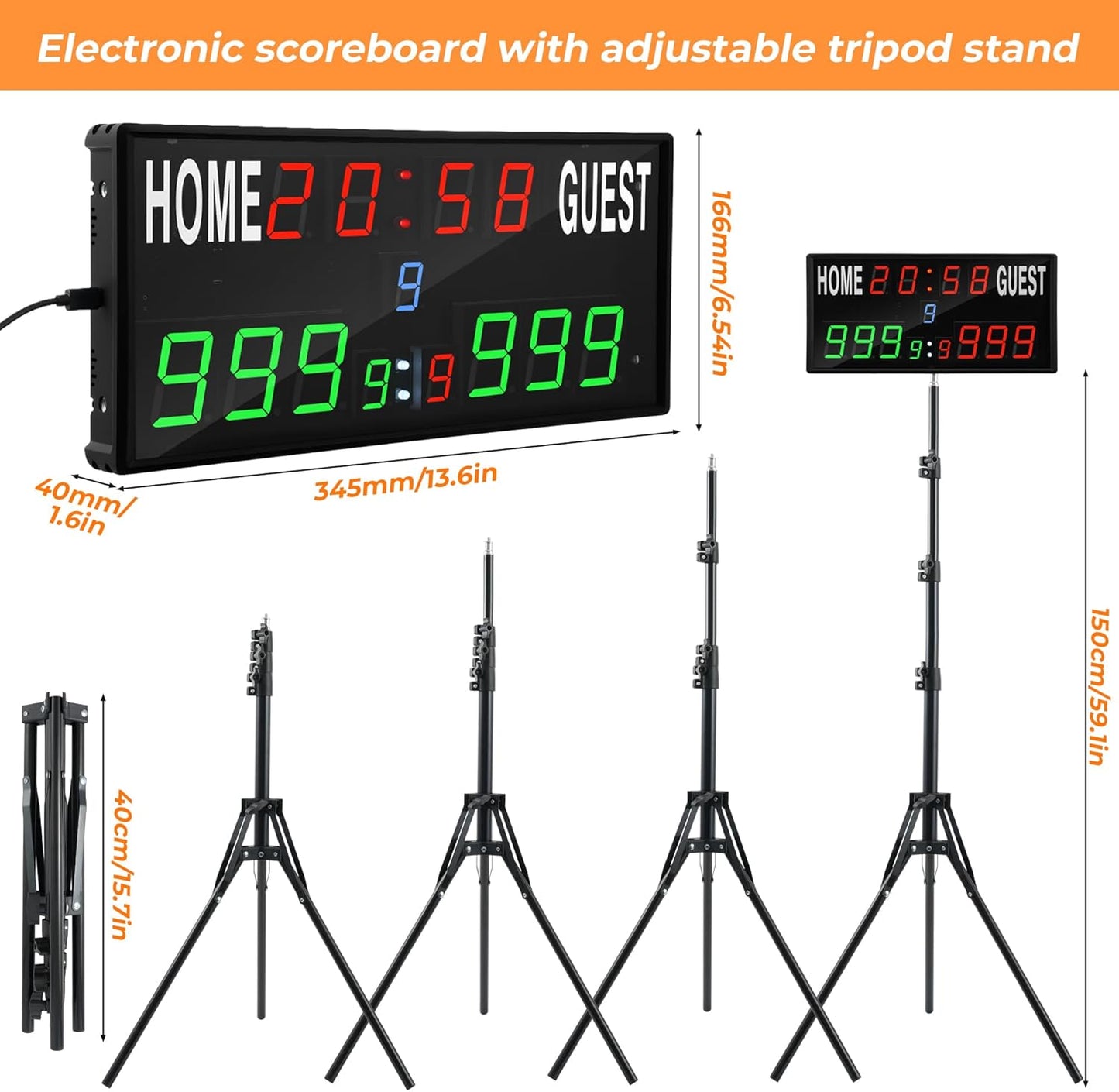 Upgraded Electronic Scoreboard - Digital Score Keeper with Remote & Tripod | Real-Time Timer for Basketball, Football, Cornhole & Table Tennis