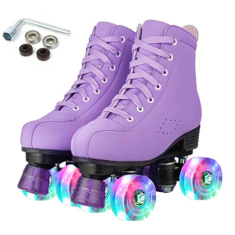 YYW Women Roller Skates High Top Shoes Men Double Row Shiny Roller Derby Skates Four Wheel Unisex PU Classic Skates for Beginner Outdoor (Purple Flashing Wheel,US40- Women's 9/Men's 7.5)