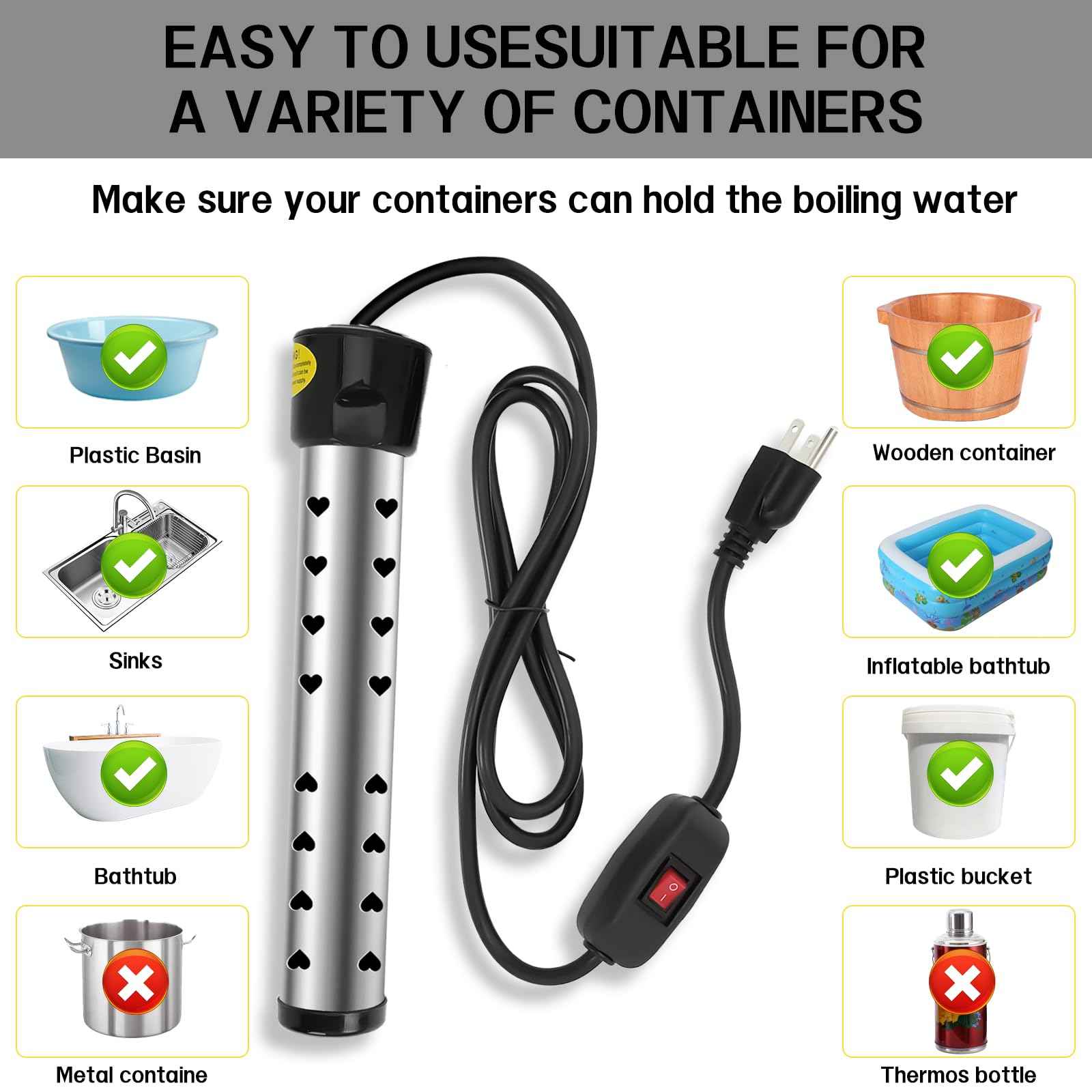 immersion Water Heater with Intelligent Temperature Control, Stainless Steel Mini Pool & Bucket Heater - Heats 5 Gallons in Minutes, Ideal for Home, Camping, and Outdoor Use