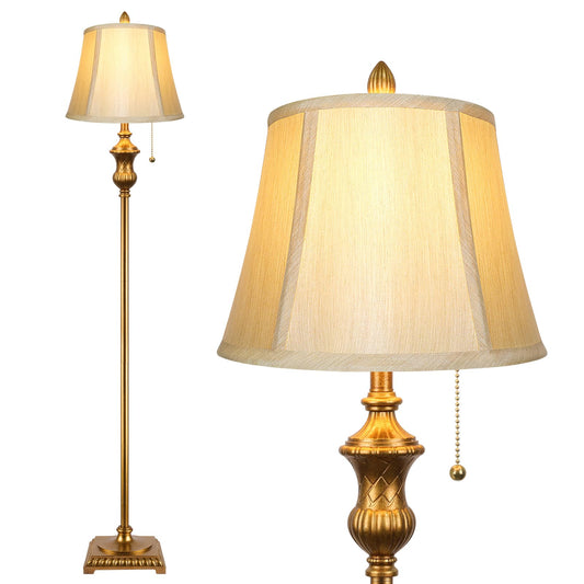 Gold Vintage Floor Lamp for Living Room, Traditional Mid-century Floor Lamp with Elegant Silk Fabric Lampshade, 64inch Tall Standing Lamp Bedroom LED Pole Lamp, Retro Stand Up Lamp for Home Office