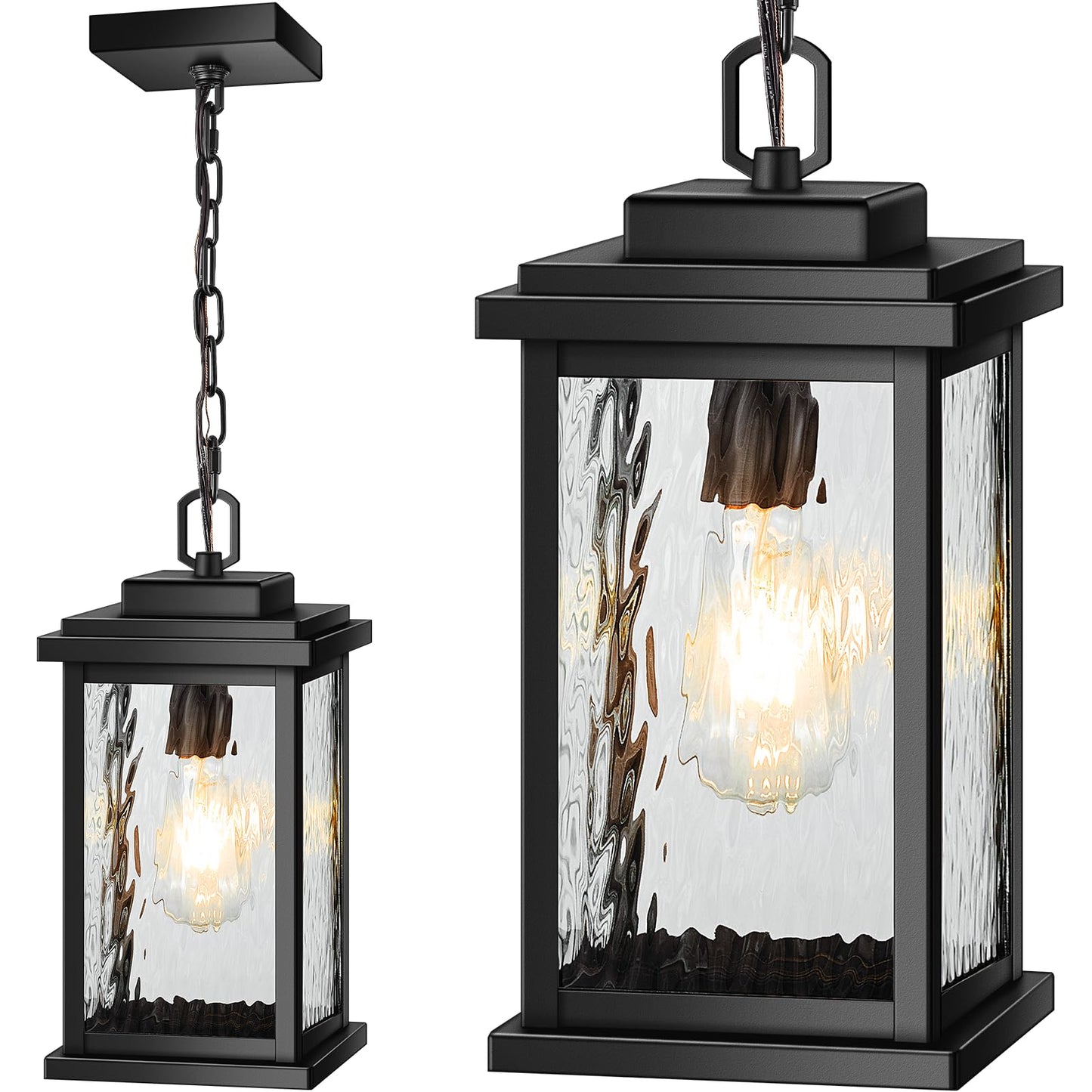 VIANIS Large Anti-Rust Outdoor Chandelier with Adjustable Wire, Black Pendant Light with Water Glass for Porch, Garden,Garage, Easy-to-Install Outdoor Hanging Lantern Suiting for Sloped Ceiling