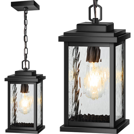 VIANIS Large Anti-Rust Outdoor Chandelier with Adjustable Wire, Black Pendant Light with Water Glass for Porch, Garden,Garage, Easy-to-Install Outdoor Hanging Lantern Suiting for Sloped Ceiling